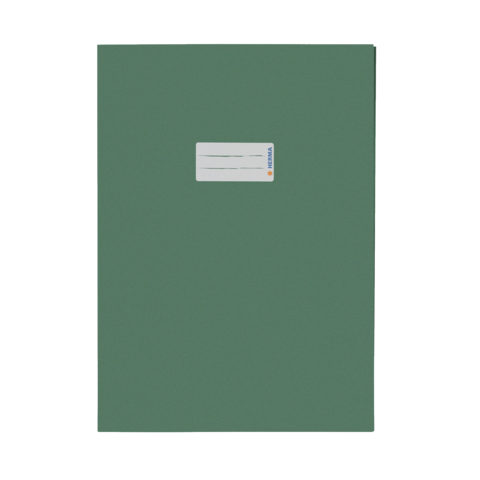 Grünes Heft mit einem weißen Etikett auf der Vorderseite, das Platz für Beschriftungen bietet.