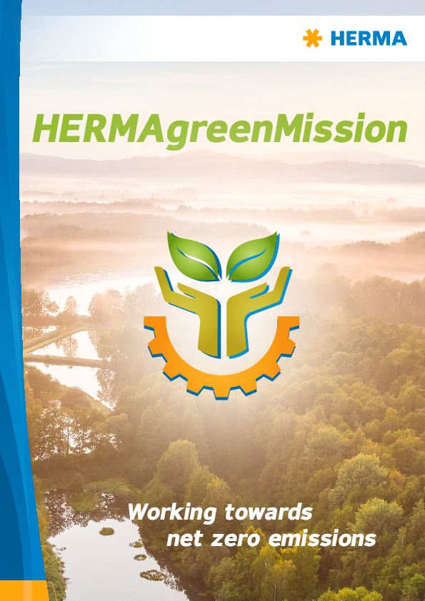 HERMAgreenMission logo featuring plant and gear symbols, surrounded by a landscape with a river and trees. Text: 'Working towards net zero emissions.