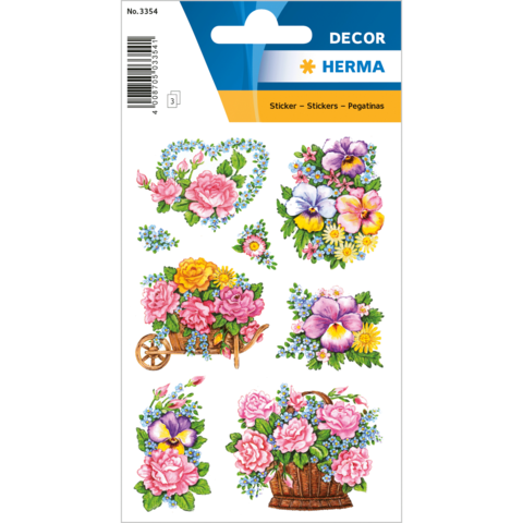 Bunte Blumenaufkleber in verschiedenen Designs, darunter Herzform, Wagen mit Rosen und Körbe mit verschiedenen Blumenarten.
