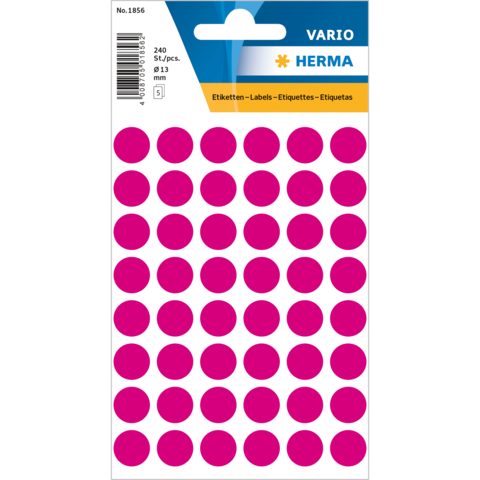 Rosa runde Etiketten auf einem Bogen, insgesamt 240 Stück, mit einer Größe von 13 mm Durchmesser.