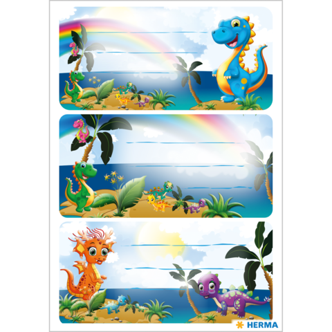 Bunte Dinosaurier in einer tropischen Landschaft mit Palmen und einem Regenbogen. Drei Abschnitte zum Beschriften.