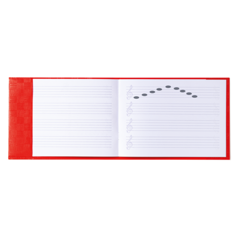 Ein rotes Notizbuch mit leeren Seiten und handgezeichneten Noten auf der linken Seite.