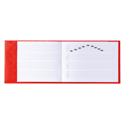 Ein rotes Notizbuch mit leeren Seiten und handgezeichneten Noten auf der linken Seite.