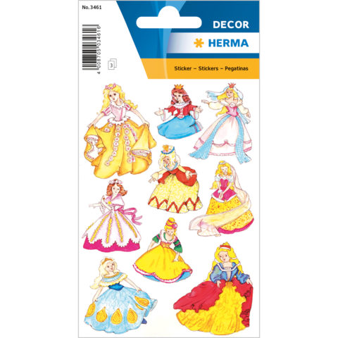 Aufkleber mit verschiedenen Prinzessinnen in bunten Kleidern, ideal für Dekoration oder Bastelprojekte.