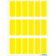 Gelbe Etiketten auf einem weißen Blatt, in mehreren vertikalen Reihen angeordnet. Ideal für Beschriftungen oder Organisation.