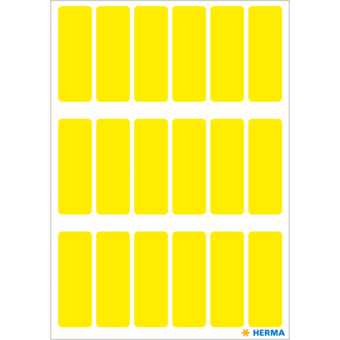 Gelbe Etiketten auf einem weißen Blatt, in mehreren vertikalen Reihen angeordnet. Ideal für Beschriftungen oder Organisation.
