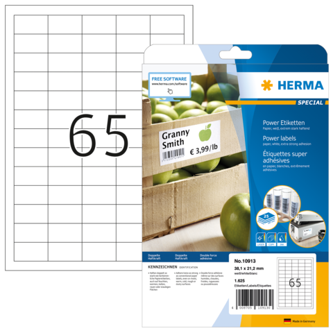 Ein Blatt mit Etiketten, das eine Verpackung mit Äpfeln zeigt, auf der ein Preis und der Name "Granny Smith" angegeben sind.