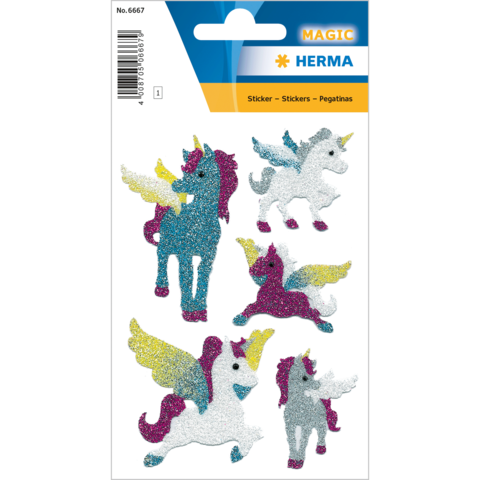 Glitzernde Einhorn-Sticker in verschiedenen Farben und Posen, mit Flügeln und Hörnern, auf einem bunten Hintergrund.
