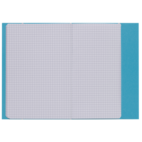 Ein offenes kariertes Heft mit blauen Umschlägen, das leere Kästchen auf weißem Papier zeigt.