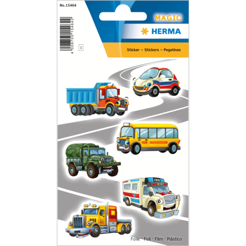 Aufkleber mit verschiedenen Fahrzeugen: Lkw, Bus, Geländewagen, Krankenwagen und ein kleines Auto auf einem Straßenhintergrund.