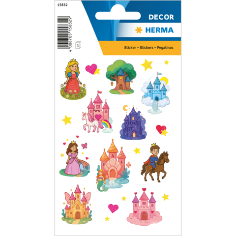 Colorful stickers featuring princesses, castles, a tree, a rider, and various decorative elements like hearts and rainbows.