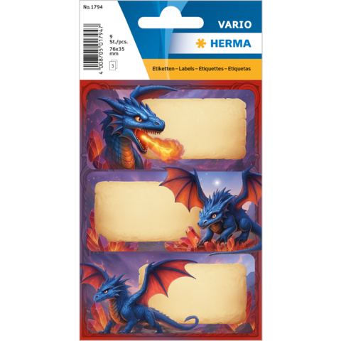 Three labels featuring dragon designs, one breathing fire while the other is depicted with red wings.