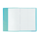 Ein offenes Notizbuch mit leeren, linierten Seiten und einem blauen Umschlag.