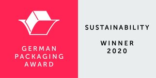 German Packaging Award 2020 for Sustainability, represented by a logo featuring a stylized cardboard box.