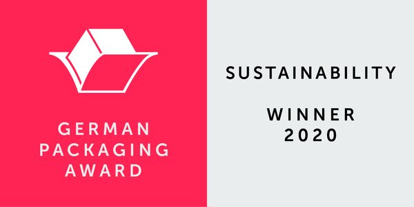 German Packaging Award 2020 for Sustainability, represented by a logo featuring a stylized cardboard box.