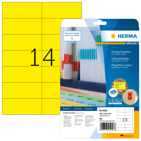 Gelbe Etiketten auf einem Bogen mit der Nummer 14, verpackt in einer transparenten Hülle mit Informationen zu farbigen Etiketten.