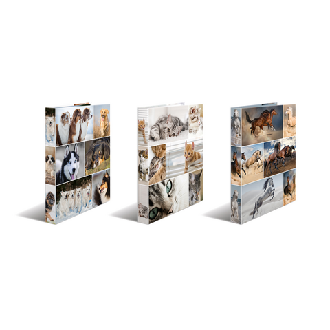 Three photo books featuring collages of various animals, including dogs, cats, and horses, in different poses and scenes.