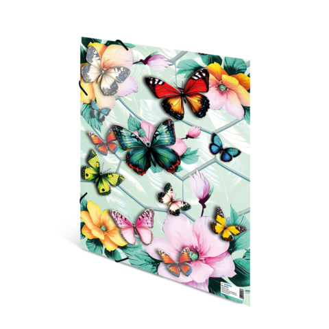 Colorful butterflies in various colors and patterns, surrounded by flowers against a bright background.