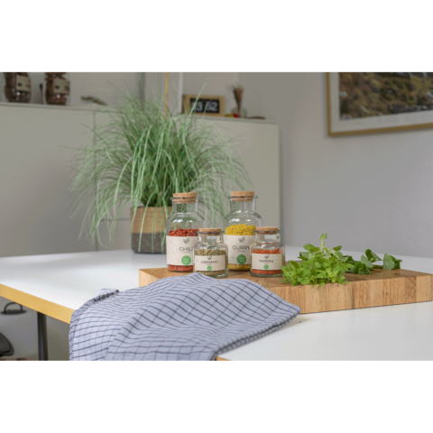 Gläser mit Gewürzen und frischen Kräutern auf einem Holzbrett, daneben ein kariertes Geschirrtuch und eine Pflanze im Hintergrund.