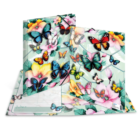 Colorful butterflies and flowers on a notebook cover displayed in an open position.