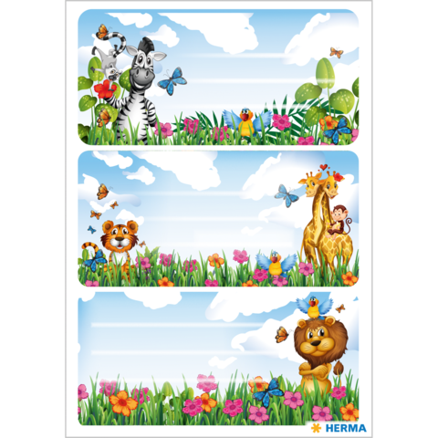 Ein Zebra, ein Löwe, ein Giraffe mit einem Kind und verschiedene Tiere umgeben von bunten Blumen und Schmetterlingen unter einem blauen Himmel.