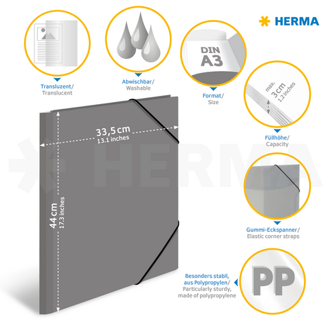 Transparent A3 folder made of polypropylene, wipeable, with rubber corners and a capacity of 30 sheets. Dimensions: 33.5 cm x 44 cm.