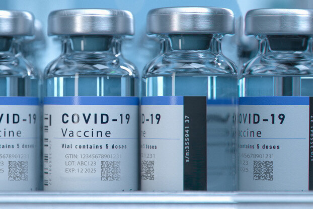 UV Laser Labels: Labeling labels on vaccine vials in the filling plant, front view, landscape format.