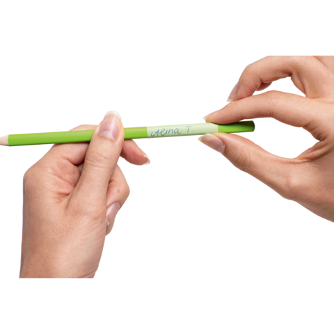 Zwei Hände halten einen grünen Bleistift, auf dem der Name "Elena T." geschrieben steht.