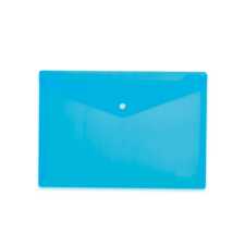 Blauer, transparenter Ordner mit einer Klappe und einem Druckknopfverschluss. Ideal für die Aufbewahrung von Dokumenten.