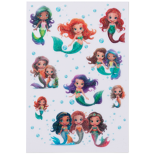 Bunte Aufkleber von Meerjungfrauen in verschiedenen Farben und Posen, umgeben von kleinen Blasen.