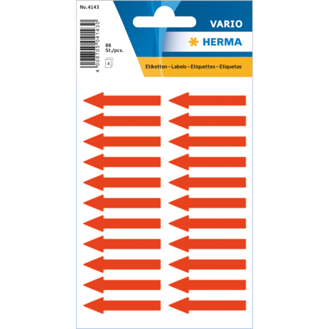 Rote Pfeil-Etiketten auf einem Bogen, insgesamt 88 Stück, zur Verwendung als Beschriftungen oder Markierungen.
