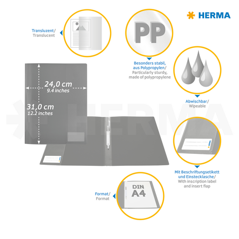 Transparente Ordnermappe aus Polypropylen, abwischbar, mit Beschriftungsmöglichkeit und Einsteckfach, Maße: 24 x 31 cm, geeignet für DIN A4.