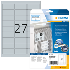 Typenschild-Etiketten auf einem Bogen mit der Nummer 27, verpackt von HERMA, inklusive Softwarehinweis für die Erstellung von Etiketten.