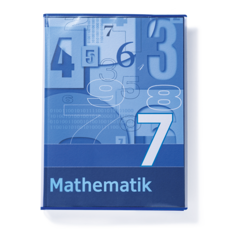 Ein blauer Mathematikbuchumschlag mit der Zahl 7 und verschiedenen Zahlen im Hintergrund. Der Titel "Mathematik" ist deutlich sichtbar.