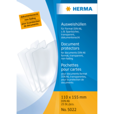 Ausweishüllen für DIN A6, transparent und dokumentenecht. Packung mit 25 Stück, Größe 110 x 155 mm.