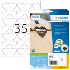 Herzförmige Etiketten auf einem Bogen, verpackt in einer transparenten Hülle. Enthält die Aufschrift "HOMEMADE" und die Nummer 35.