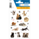 Cat stickers in various poses and colors, including kittens and adult cats, set against a decorative background.