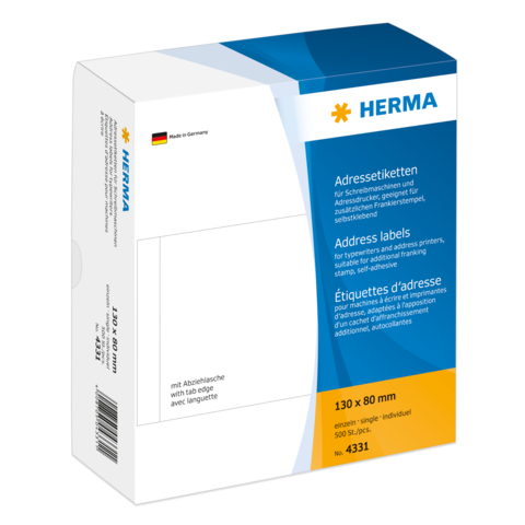 Adressetiketten von HERMA, 130 x 80 mm, 500 Stück, geeignet für Drucker und Handbeschriftung, mit Abreißkante.