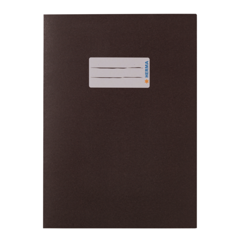 Dunkelbraunes Heft mit einem weißen Etikett auf der Vorderseite, das Platz für Beschriftungen bietet.