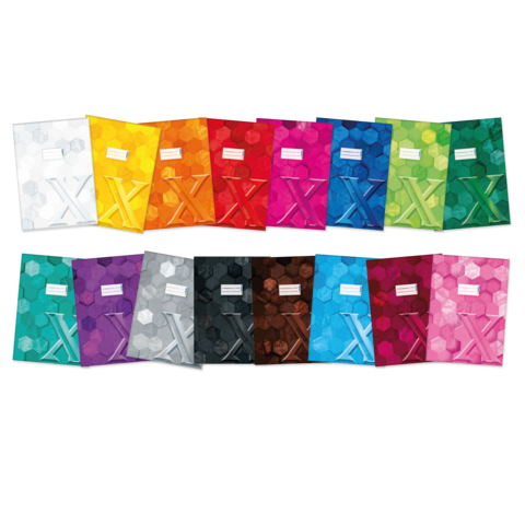 Eine Reihe von bunten Heftern in verschiedenen Farben, angeordnet in zwei Reihen, mit einem Platz für Beschriftungen auf der Vorderseite.