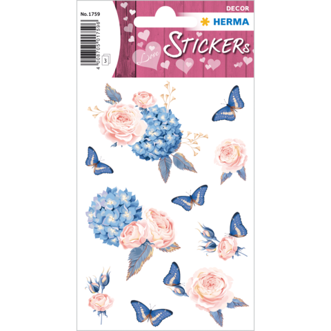 Bunte Aufkleber mit rosa und blauen Blumen sowie Schmetterlingen auf weißem Hintergrund. Ideal für Dekoration und Bastelprojekte.