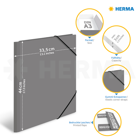 Gray A3 binder with elastic corners, 3 cm filling height, and printed tabs. Dimensions: 33.5 cm x 44 cm.