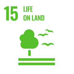 Symbol for Goal 15: Life on Land, represented by a tree and flying birds in green.