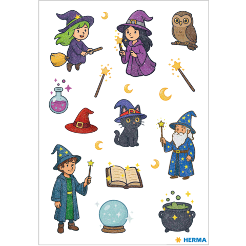 Colorful illustrations of witches, wizards, an owl, magic wands, a potion, a book, and a crystal ball.