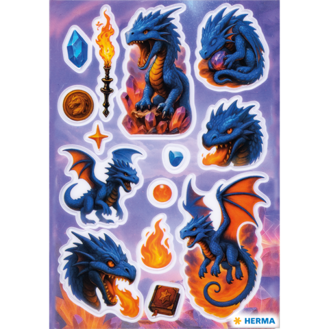 Stickers featuring blue dragons, crystals, a torch, coins, and flames in various poses and designs.