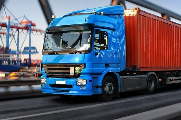 Truck on a bridge at the port, in the logistics industry, landscape format.