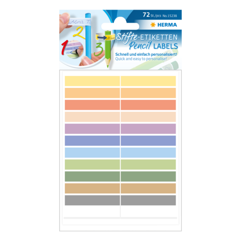72 Stifte-Etiketten in verschiedenen Farben, geeignet zum Personalisieren von Stiften und anderen Schreibwaren.