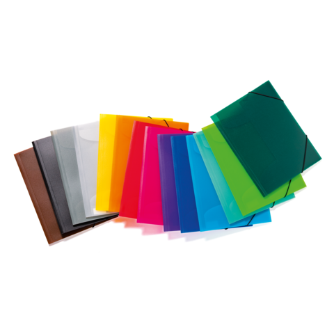 Bunte Klarsichthüllen in verschiedenen Farben, angeordnet in einer Reihe.