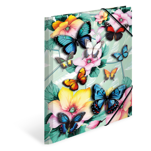 Colorful butterflies and flowers on a bright background, featuring various species and colors that create a vibrant composition.