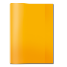 Ein orangefarbenes Notizbuch mit einem glänzenden Cover, das leicht geöffnet ist und auf einem weißen Untergrund liegt.